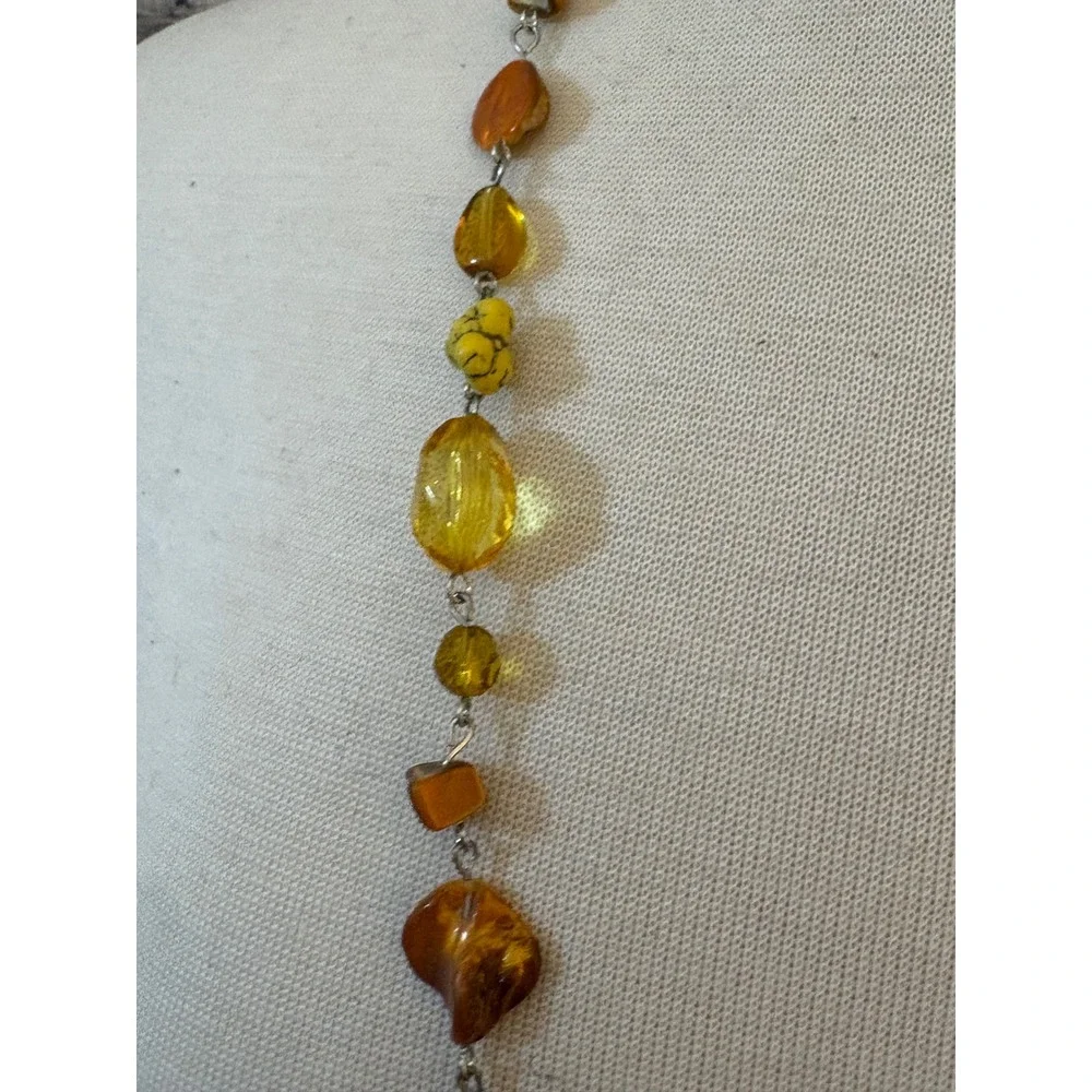 Long Amber Yellow Multi Shape Bead Station Necklace Silver Tone Adjustable